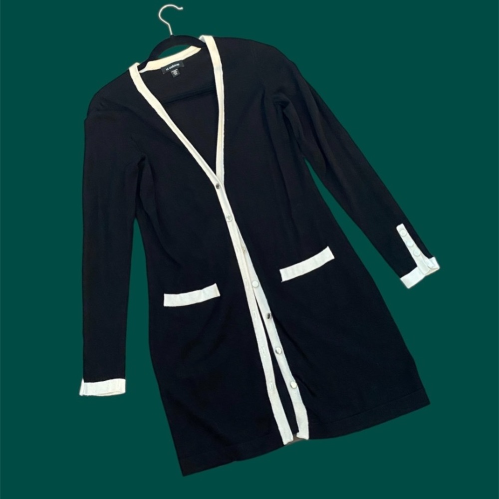 Le Château Black and Off White Long Cardigan with Gold Buttons - Size S